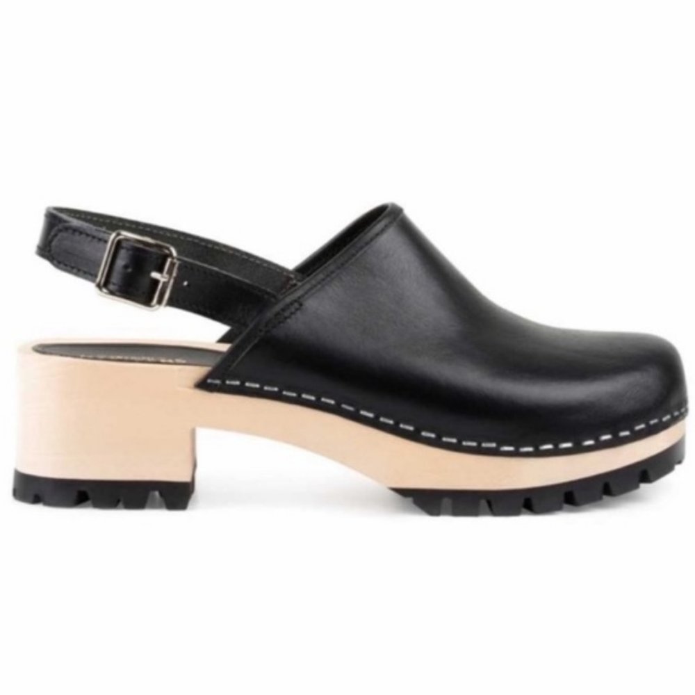 Swedish Hasbeens Jill Black Leather Clogs